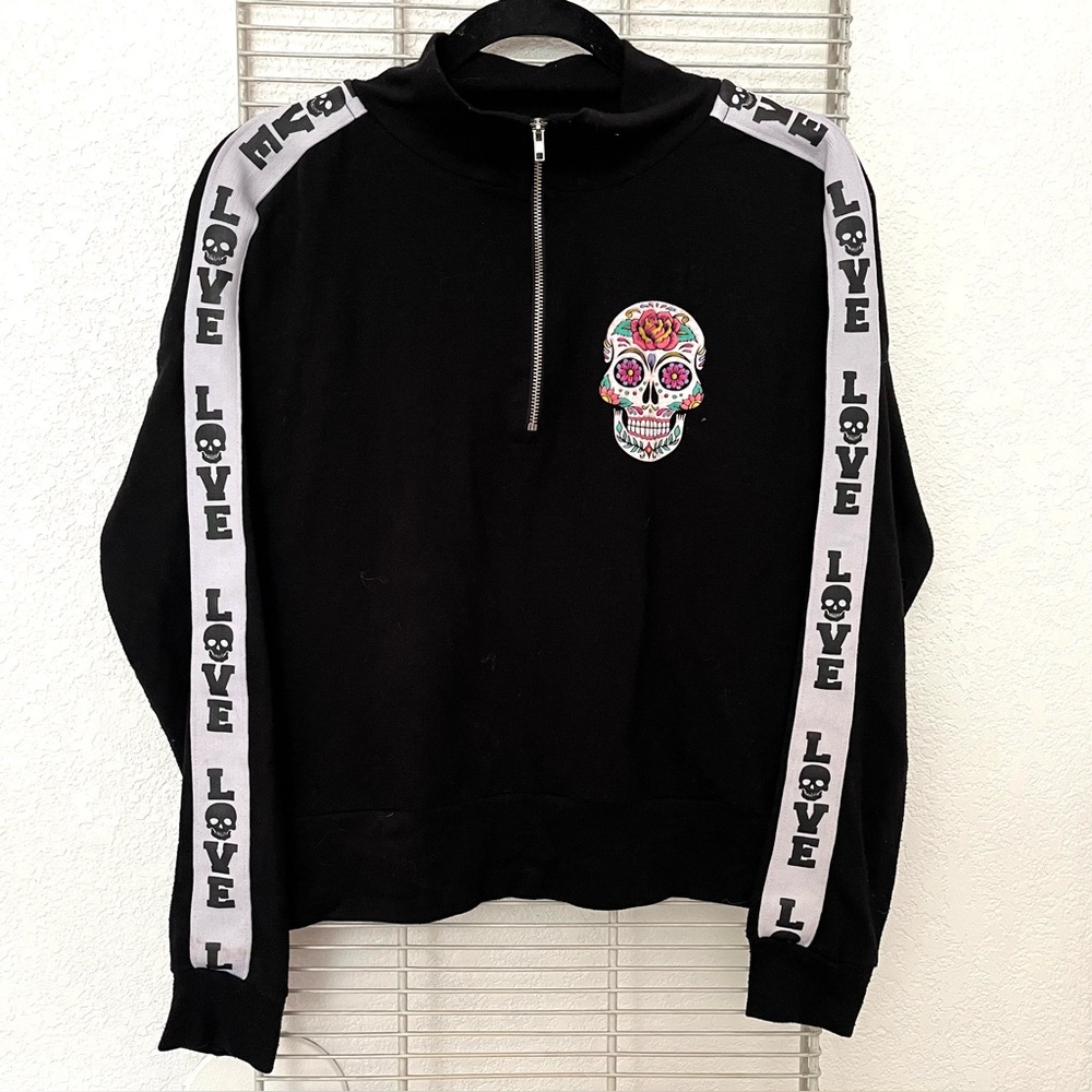 No Boundaries Sugar Skull Quarter Zip Sweater